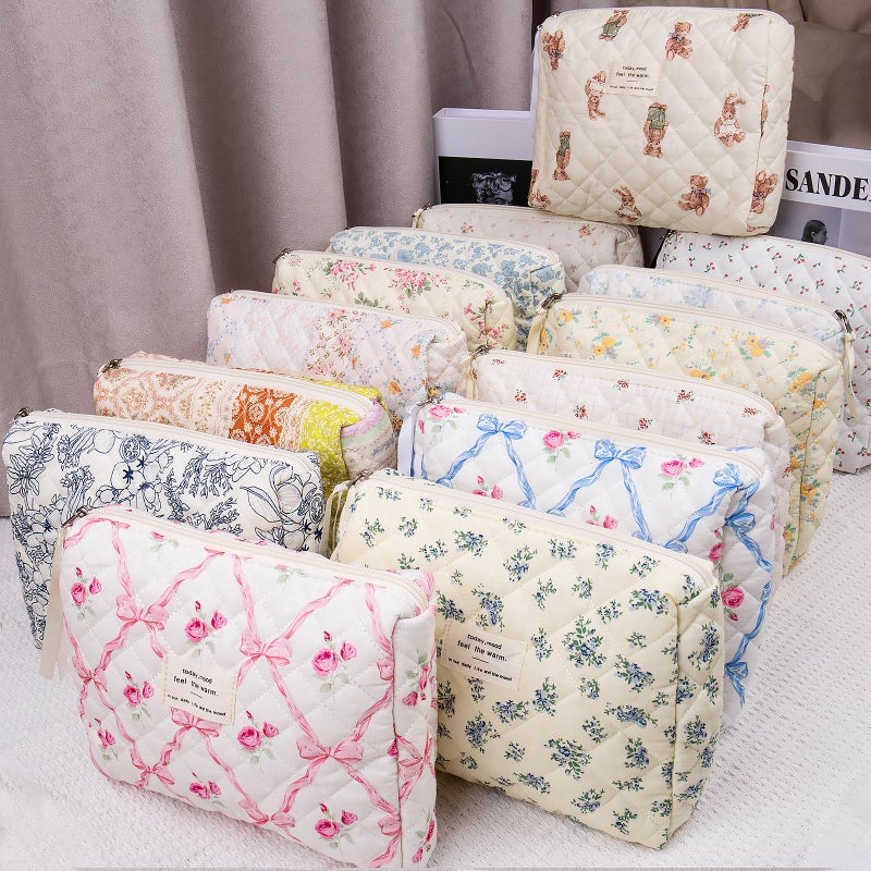 Gosect Floral Makeup Bag  Small Cosmetic Bag for Women Girls  Cute Cotton Makeup Bag  Quilted Makeup Bags  Flower Travel Toiletry Organizer Bag(Blue Floral) - Image 5